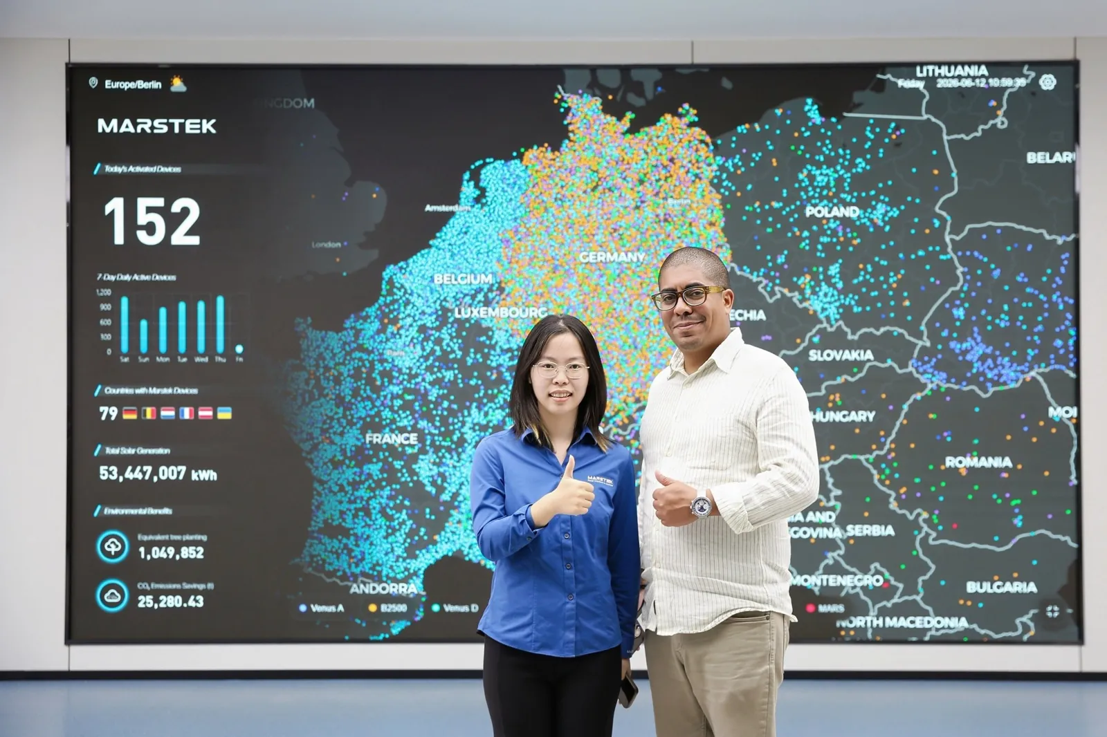 Vázquez in front of a live device map at a factory in China